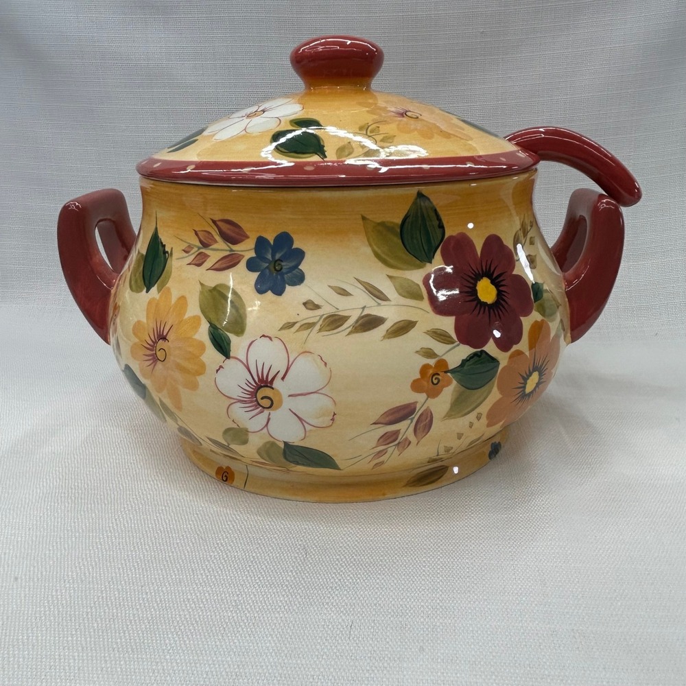 Oneida Sunset Bouquet Tureen Yellow Floral Hand Painted Ceramic Ladle Lid Rustic